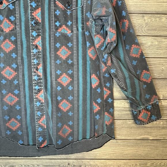 VTG Wrangler Brushpopper Shirt Mens 17.5 X 35 Black Aztec X Long Tail Cowboy XL - Picture 3 of 13